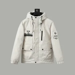 Super Clone Designer Prada Outerwear Black Duck Down Polyester Fiber Patch Work Pockets Patchwork